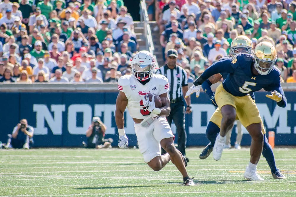 Keyon Mozee rushing down the field against Notre Dame on Sept. 21