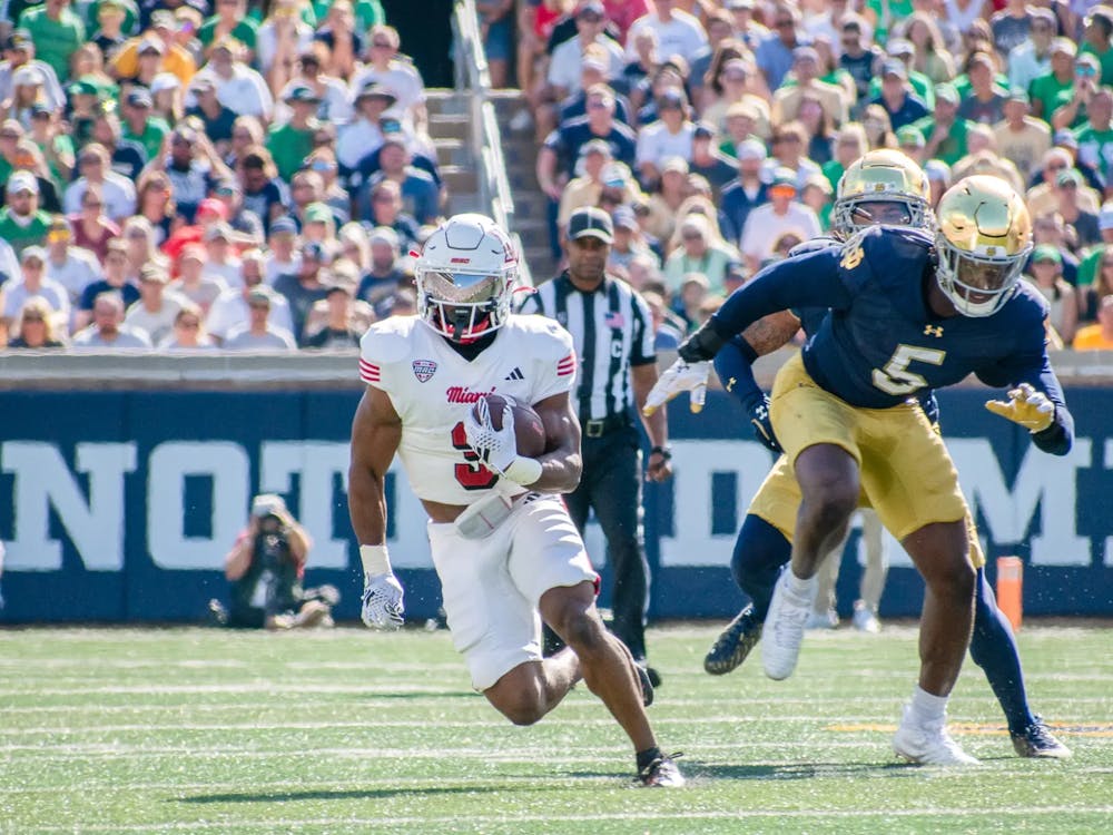 Keyon Mozee rushing down the field against Notre Dame on Sept. 21