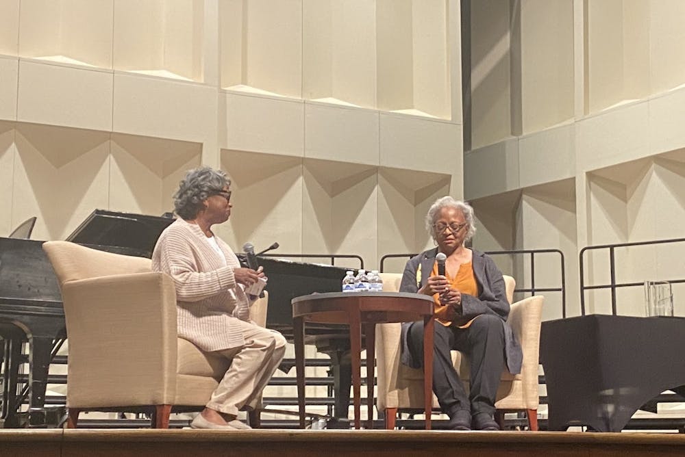 Kelly Banks (left) interviews Carol Anderson (right) at the Freedom Summer Award ceremony.
