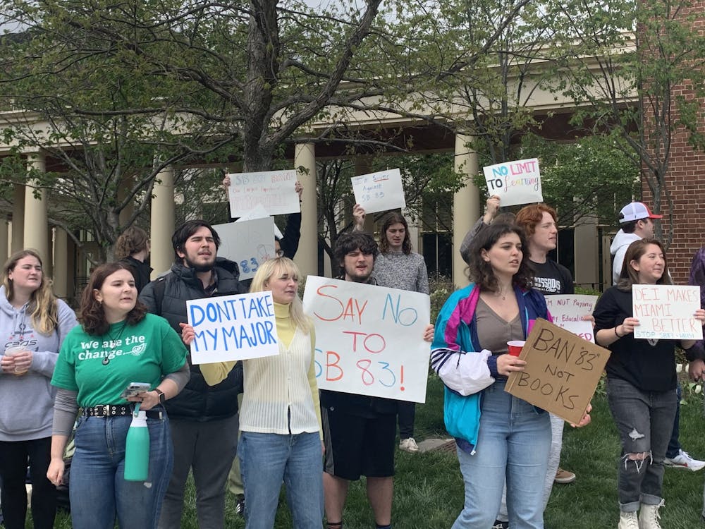 <p>﻿Students protested Ohio Senate Bill 83 on Monday, April 24. If passed, the bill will limit DEI and controversial topics at universities.</p>
