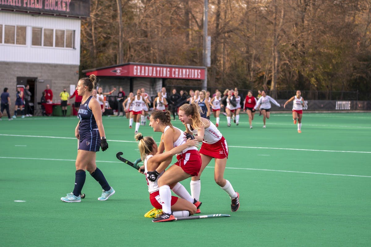 Miami players celebrate after an overtime goal by senior Noor Breedijk advanced Miami to the second round of the NCAA Tournament