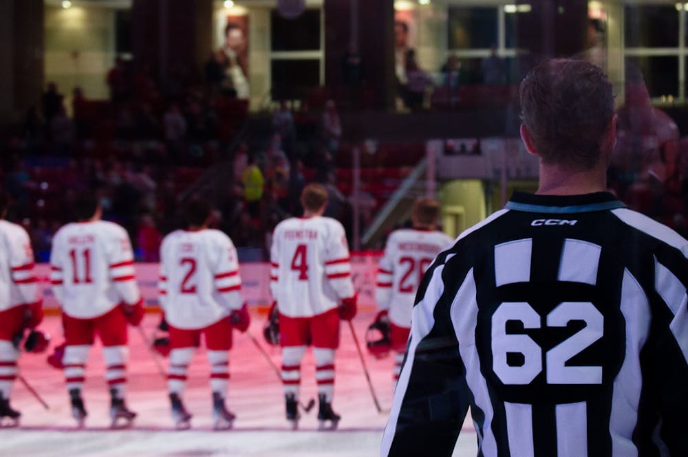 Miami University’s 2023-2024 hockey team lines up before their match against Arizona State University’s Sun Devils.