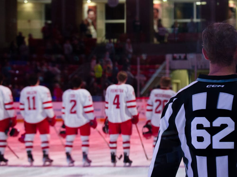 Miami University’s 2023-2024 hockey team lines up before their match against Arizona State University’s Sun Devils.