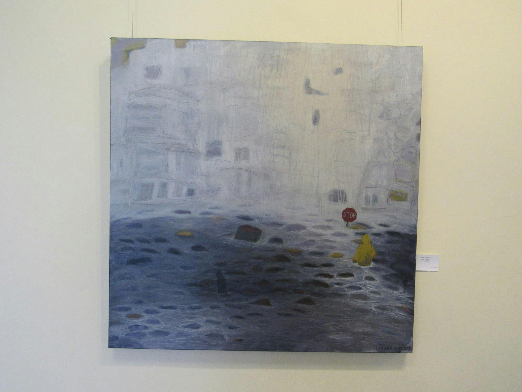 Tara Trueblood's painting "The Flood" depicts a brightly dressed individual walking through a grey storm, communicating hope in the face of crisis.