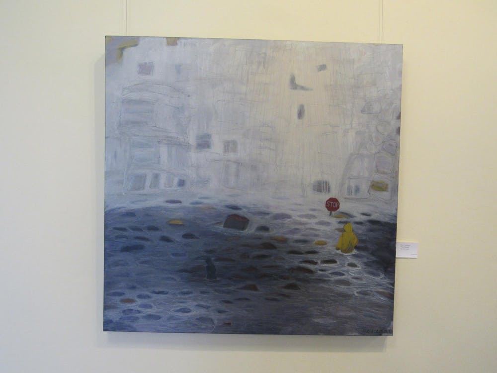 Tara Trueblood's painting "The Flood" depicts a brightly dressed individual walking through a grey storm, communicating hope in the face of crisis.