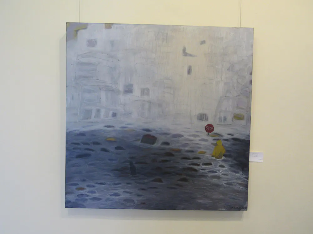 Tara Trueblood's painting "The Flood" depicts a brightly dressed individual walking through a grey storm, communicating hope in the face of crisis.