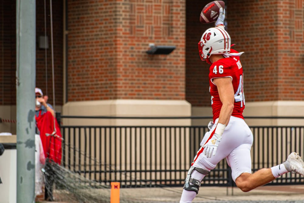 Sixth-year senior tight end Andrew Homer scores the opening touchdown in Miami's 28-17 win over Central Michigan. Homer caught a touchdown and a two-point conversion pass in the RedHawks' win over Ball State.