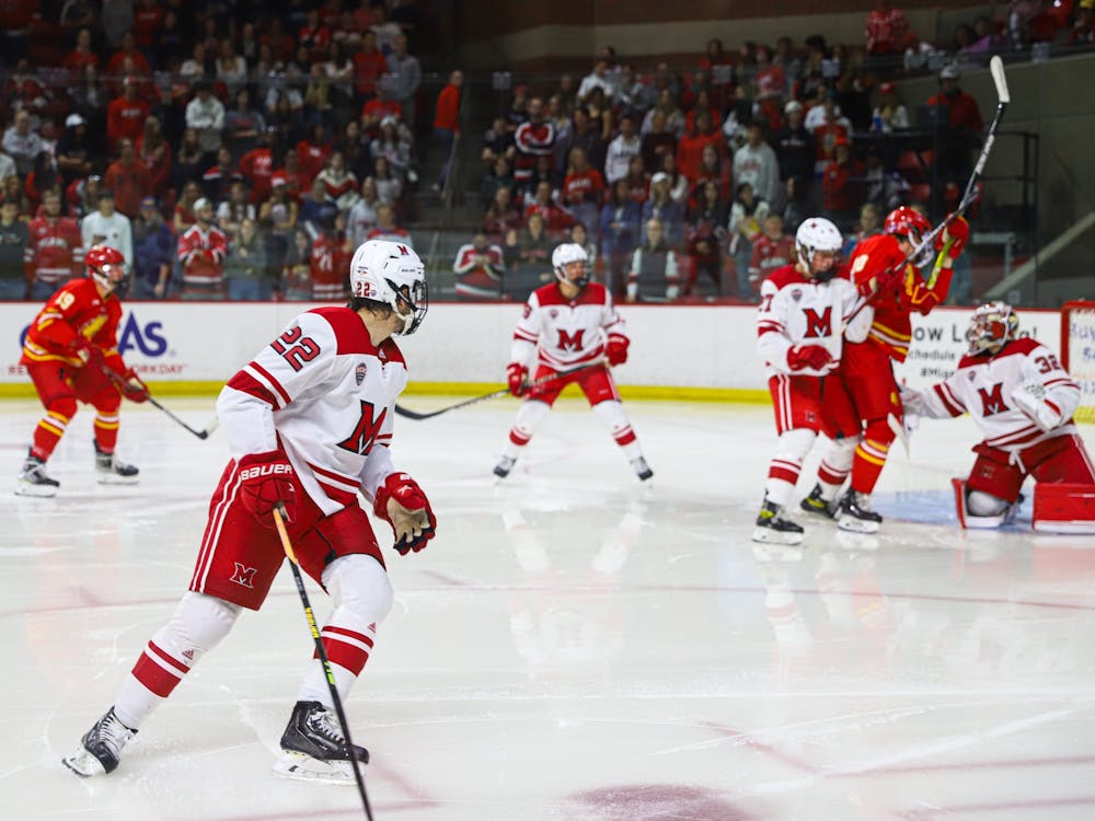 Ludvig Persson fighting off traffic in Miami's opening series vs. Ferris State