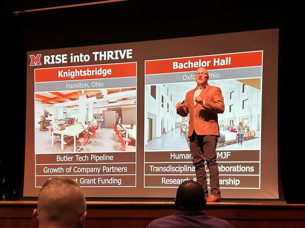 Miami University president Gregory Crawford presents updates to the MiamiTHRIVE initiative during the 2025 spring university update.