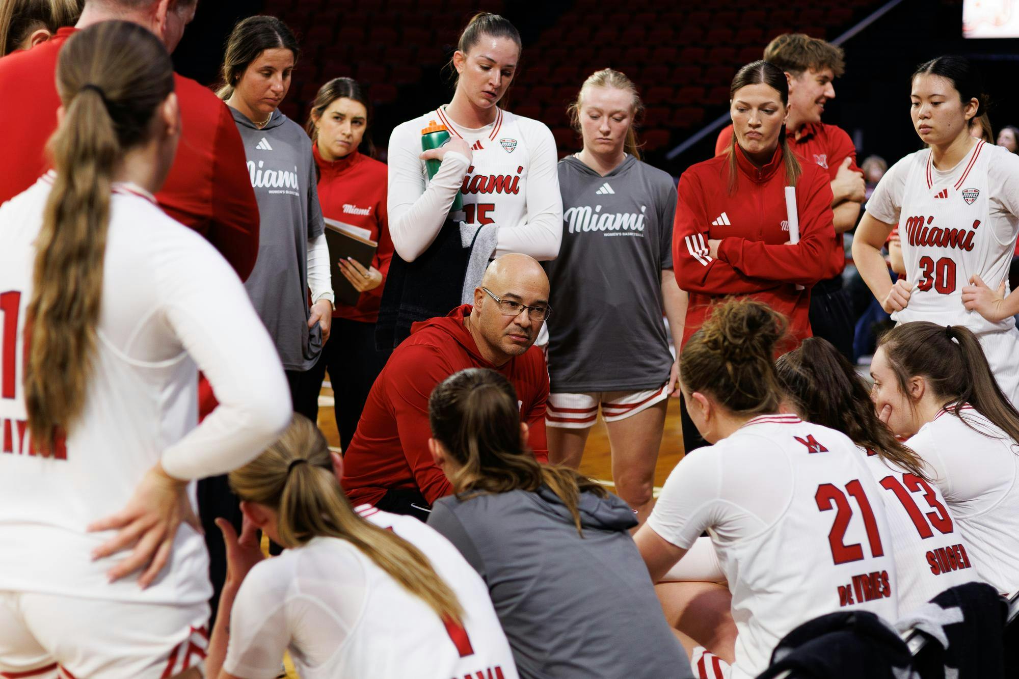 Miami women's basketball head coach Glenn Box addresses the team during a timeout against Georgia Southern in Millett Hall on Feb. 7
