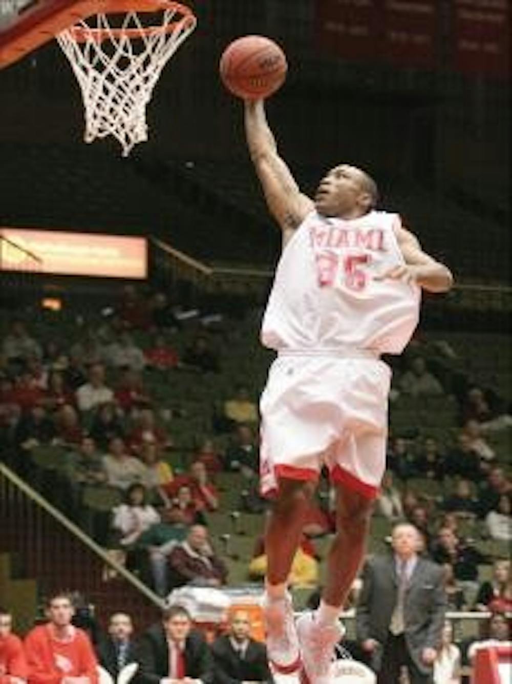 Antonio Ballard reaches up for a dunk Saturday as the RedHawks slammed into their season with a 12-point win over SVSU.