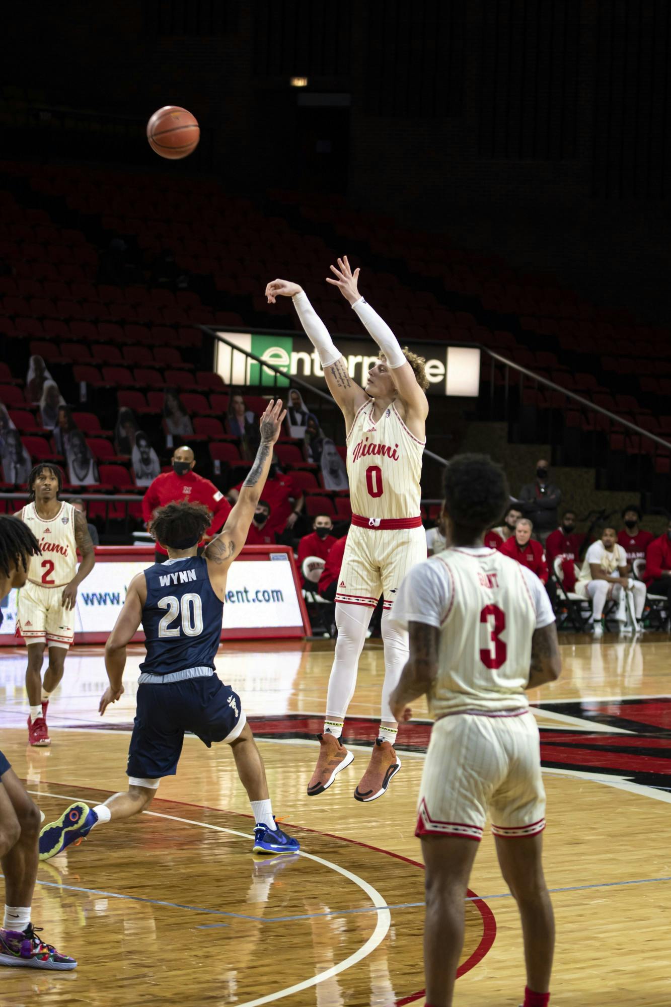 Redshirt freshman forward Javin Etzler attempts a 3-pointer in a Feb 12 loss to Akron