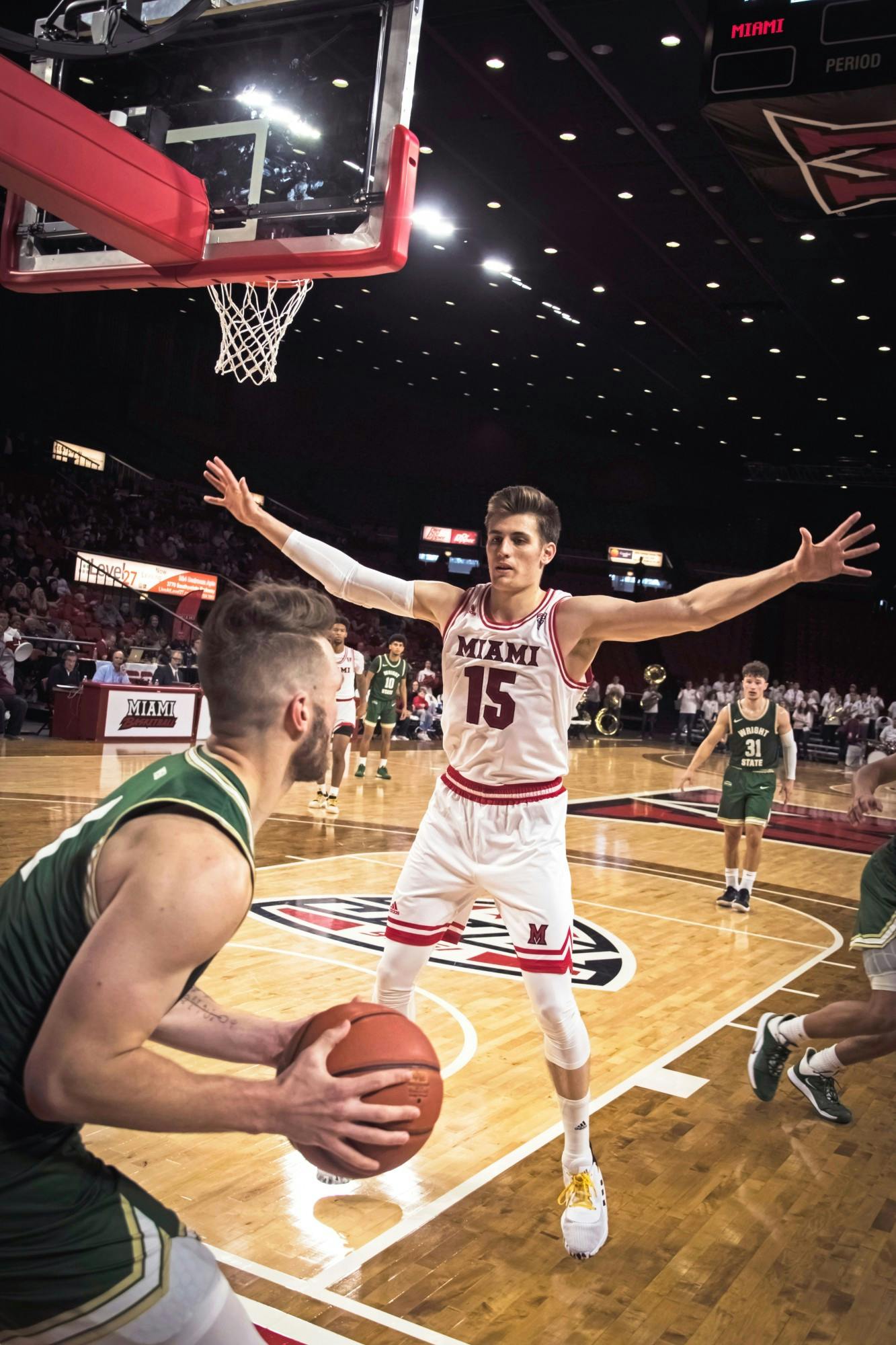 Redshirt junior guard Milos Jovic defends an inbounds play during a season-opening 88-81 loss against Wright State Nov. 9 at Millett Hall.