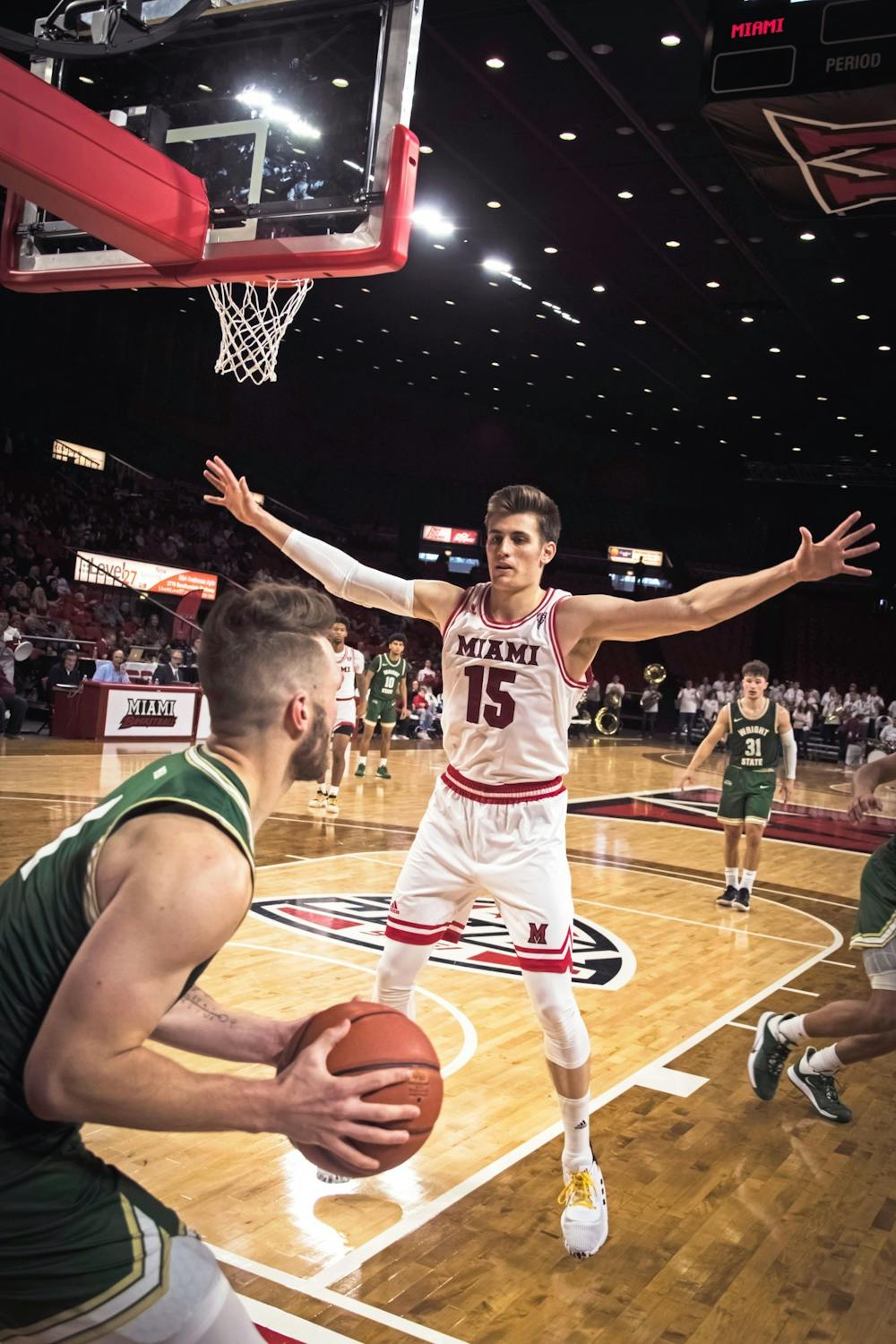 <p>Redshirt junior guard Milos Jovic defends an inbounds play during a season-opening 88-81 loss against Wright State Nov. 9 at Millett Hall.</p><p><br/><br/><br/><br/><br/><br/></p>