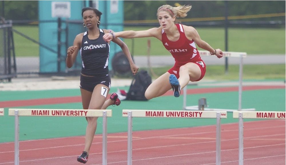 Redshirt freshman Katie Scannell competes in the 400m hurdles. Scannell won the event with a season-best 1