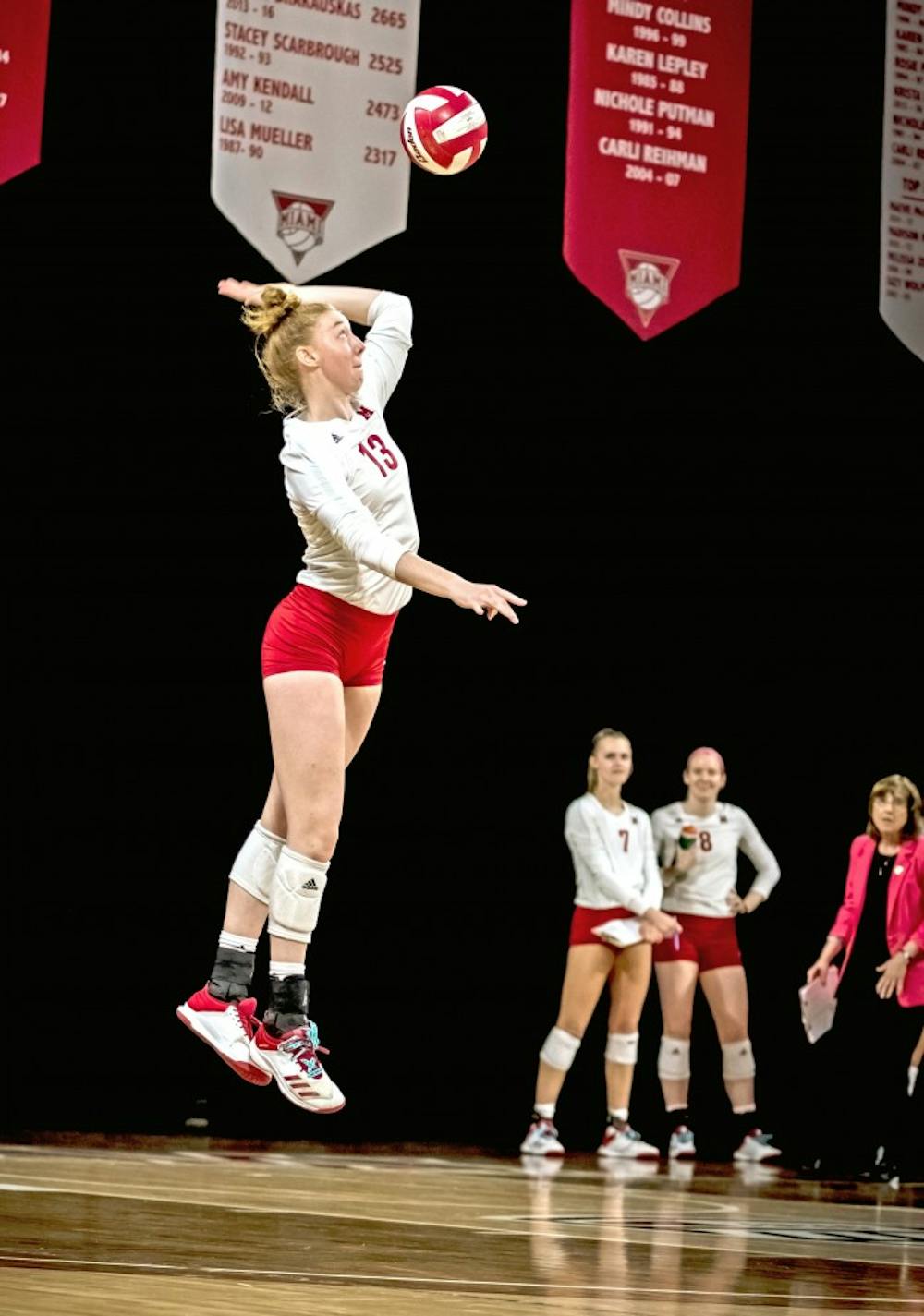 Sophomore setter Louis Comerford serves at Millett Hall, where Miami is 6-3 this season.