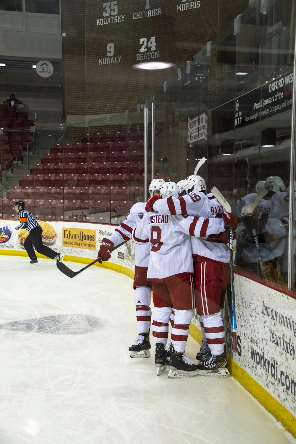 Several RedHawks celebrate a goal during a Feb 13 loss to St Cloud State