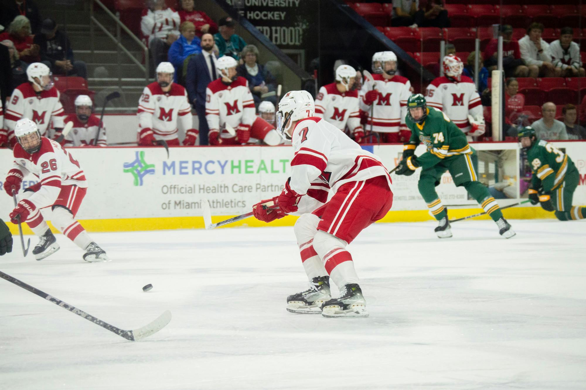 First-year defenseman Michael Quinn skates against Alaska Anchorage on Oct. 12 at Goggin Ice Center