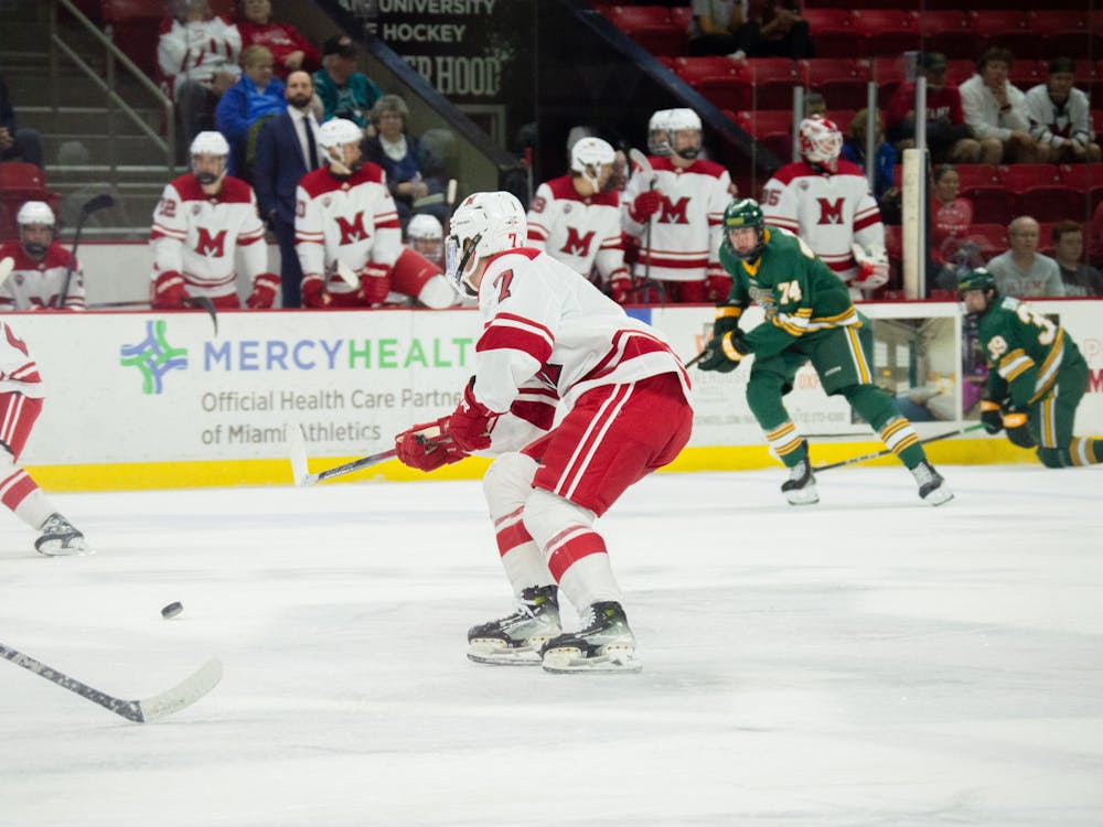 First-year defenseman Michael Quinn skates against Alaska Anchorage on Oct. 12 at Goggin Ice Center