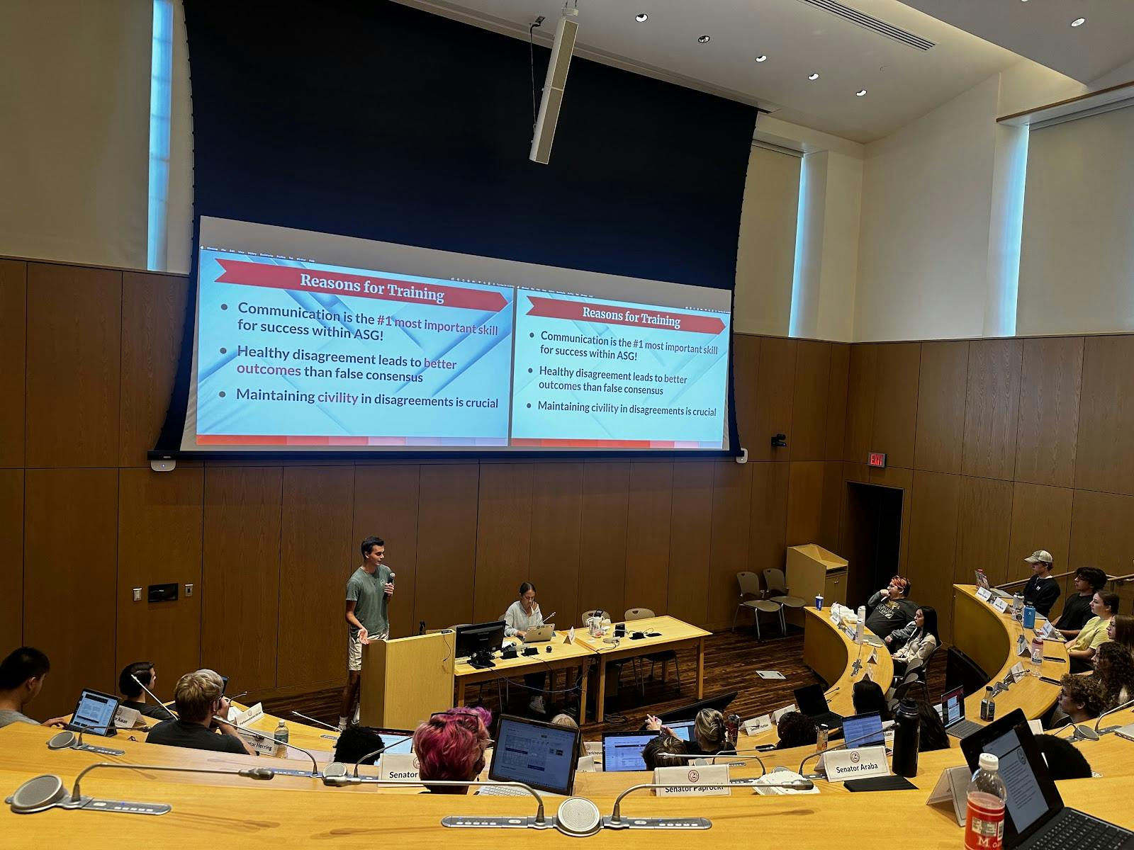 
Speaker Pro Tempore Nick Barry provides a presentation on ethical communication train to members of ASG during their weekly meeting on Sept. 23 in the Joslin Senate Chamber.