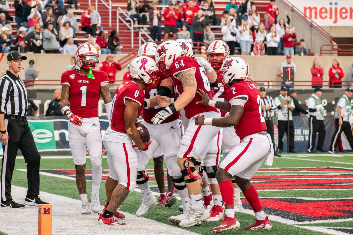 Kolby Borders (number 64) has been a galvanizing force for Miami&#x27;s offensive line this season.﻿