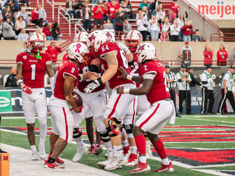 Kolby Borders (number 64) has been a galvanizing force for Miami's offensive line this season.