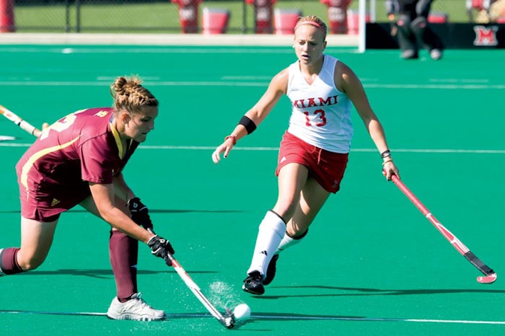 Kate Snyder defends against Central Michigan in Oxford on September 11th last year. The 'Hawks won the game 3-1.
