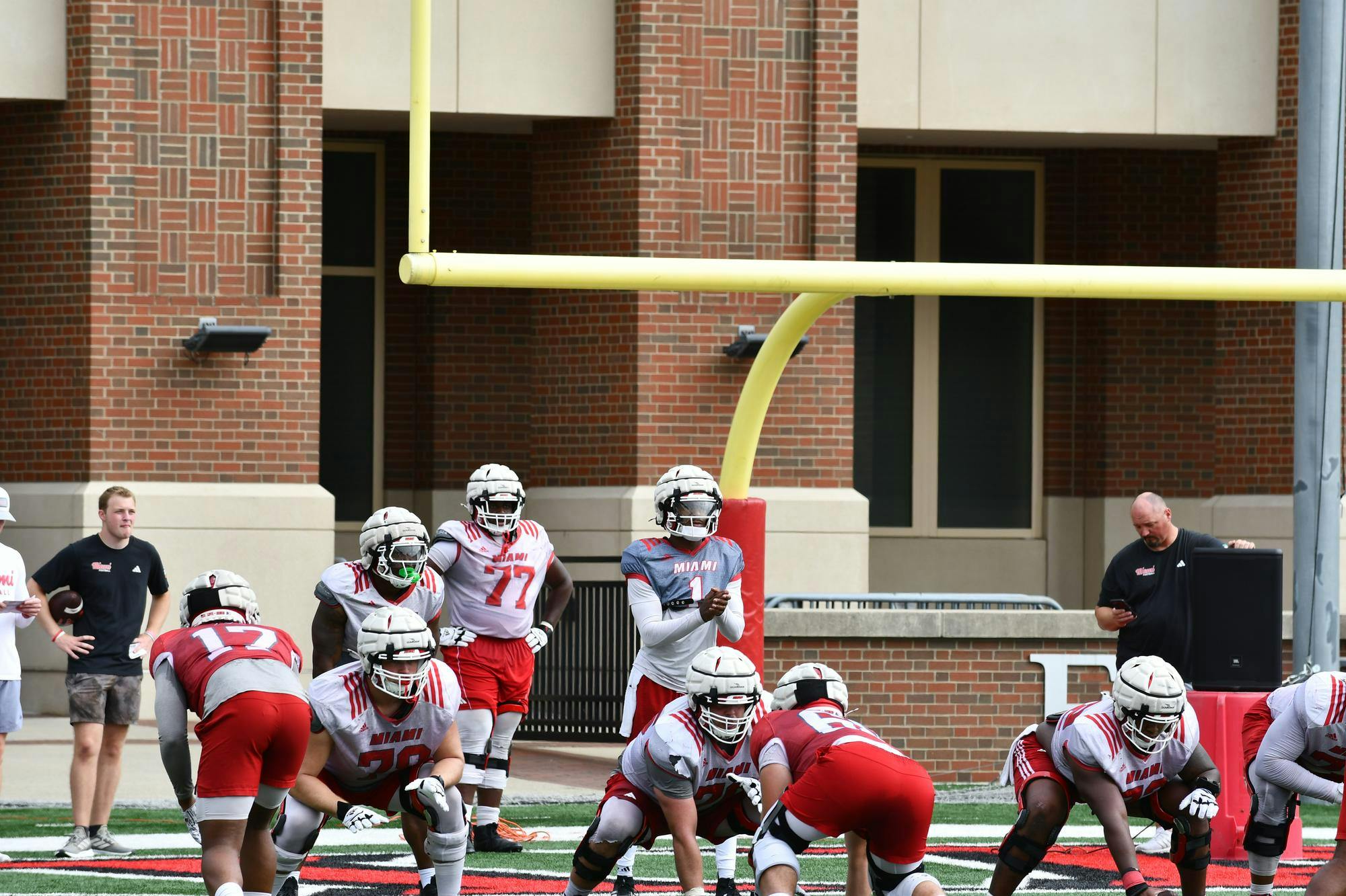 The Miami football team practices at Yager Stadium on Aug. 22. 