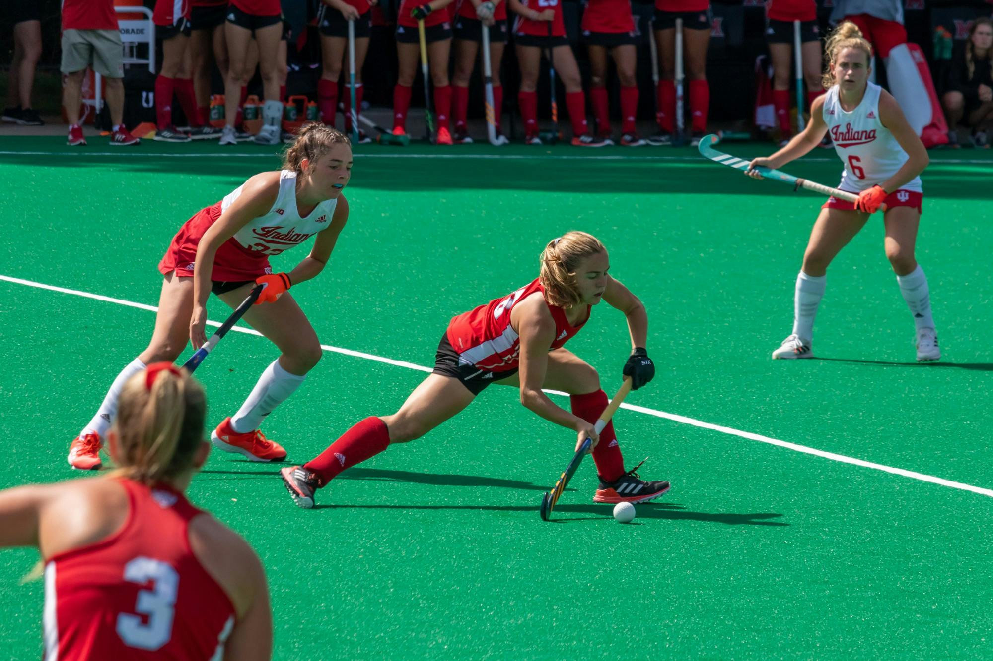 Junior midfielder Luli Rosso (middle) passes the ball to a teammate in Miami&#x27;s 1-0 home loss to Indiana University.