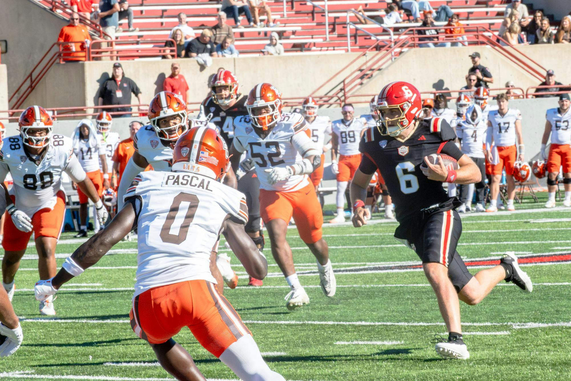 Quarterback Caleb Heavner takes off and runs against Bowling Green on Oct. 3. 2026 at Yager Stadium. 