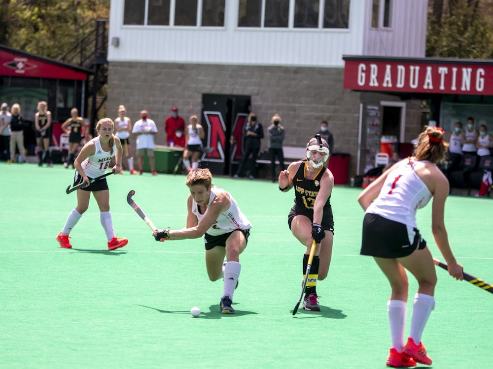 Senior midfielder Morgan Sturm (pictured, no. 1) scored a goal in Miami's 6-2 loss to Northwestern.
