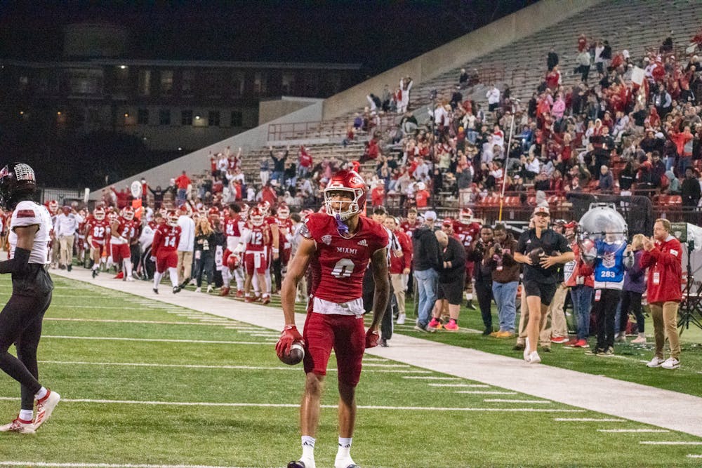 Reggie Virgil celebrating a sideline catch last week against Northern Illinois