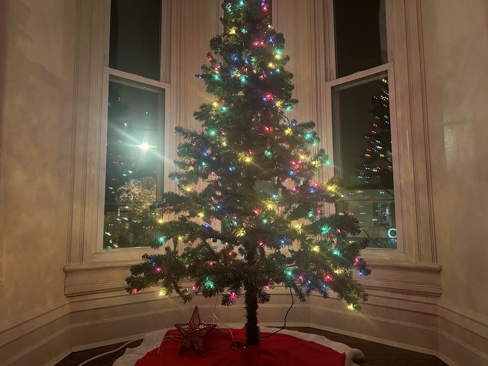 A lit-up Christmas tree sits as the main attraction at home.
