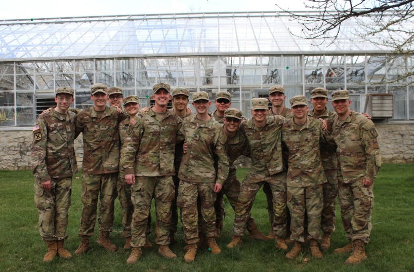 Army ROTC sophomore class. Picturing Mary Catherine Kelly (fourth from left) and Jackson Miller (fifth from left).