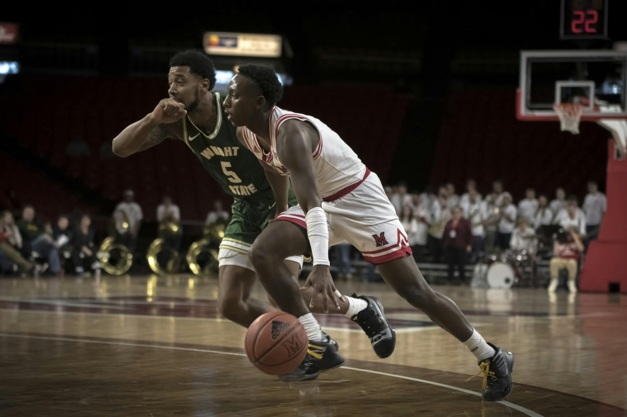 Isaiah Coleman-Lands drives past a Wright State defender during Miami&#x27;s season-opening loss to the Raiders on Nov. 9, 2019. Coleman-Lands averaged eight points per game during the 2019-20 season.