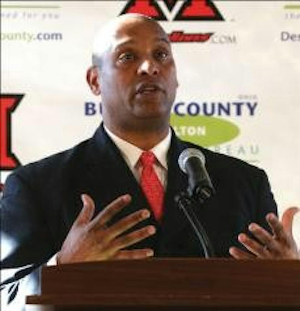 Former Notre Dame offensive coordinator Mike Haywood accepts the head coaching position of Miami University's football team at a press conference Dec. 30. 