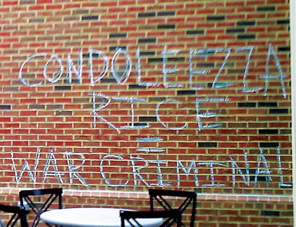Graffiti found around campus March 18 protested the upcoming visit of former Secretary of State Condoleezza Rice. The graffiti was on the Farmer School of Business, Upham Hall and sidewalks.