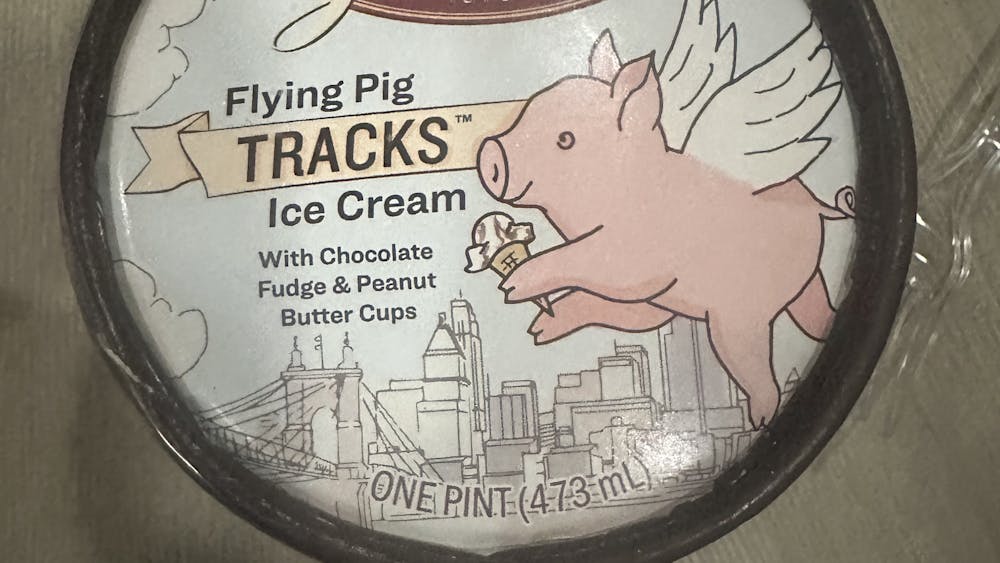 Graeters' "Flying Pig Tracks" flavor plays into Cincinnati's race theme with a design of a pig with wings on its' pint. 