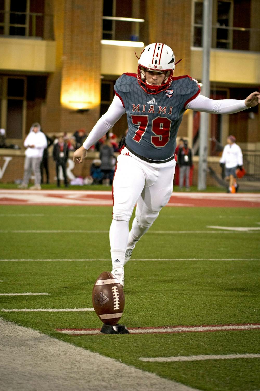 Sam Sloman practices kicks on Miami&#x27;s sideline during a RedHawks victory over Bowling Green on Nov. 13 at Yager Stadium.