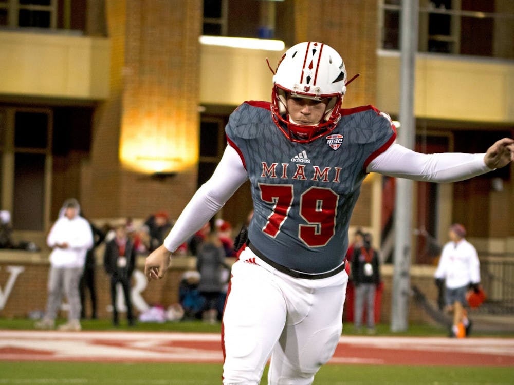 Sam Sloman practices kicks on Miami&#x27;s sideline during a RedHawks victory over Bowling Green on Nov. 13 at Yager Stadium.