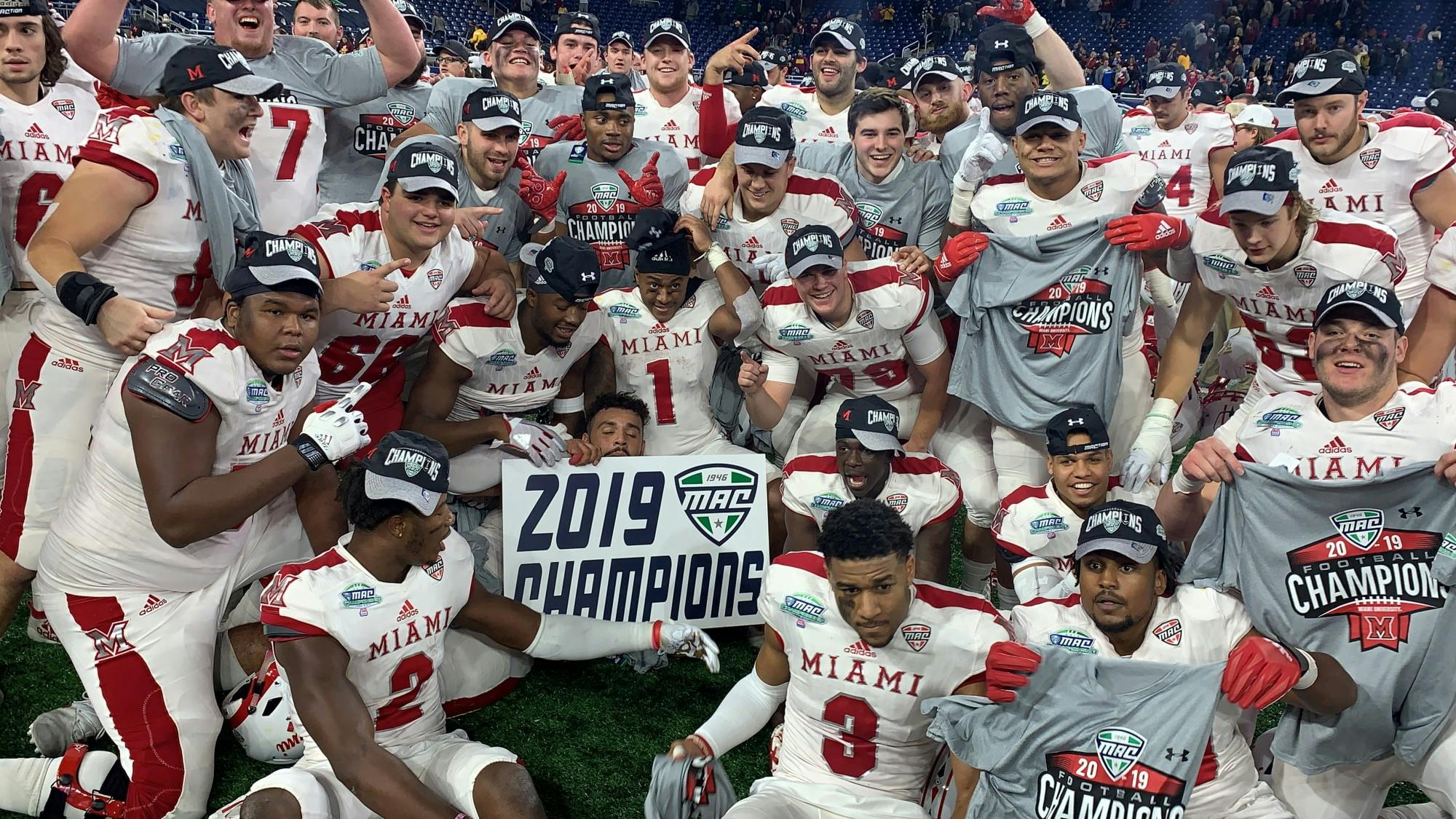 The Miami RedHawks celebrate their Mid-American Conference Championship victory Dec. 7 at Ford Field.