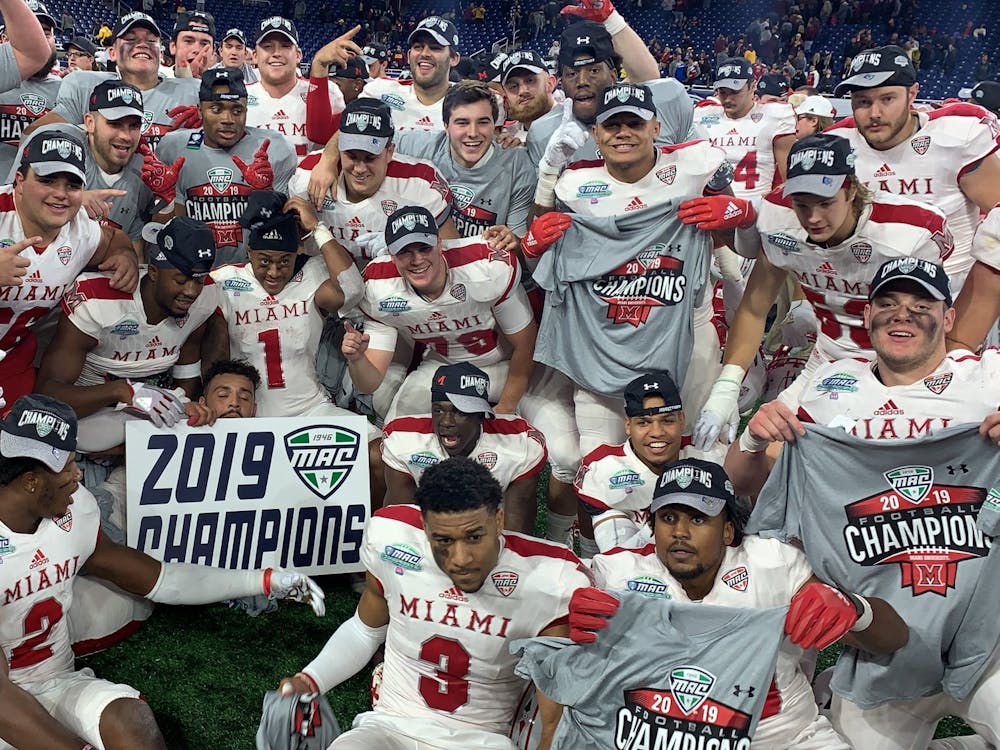 The Miami RedHawks celebrate their Mid-American Conference Championship victory Dec. 7 at Ford Field.
