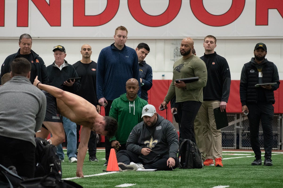 Wide receiver Jack Sorenson gets in a set position before the shuttle drill in Miami&#x27;s Pro Day Tuesday morning.