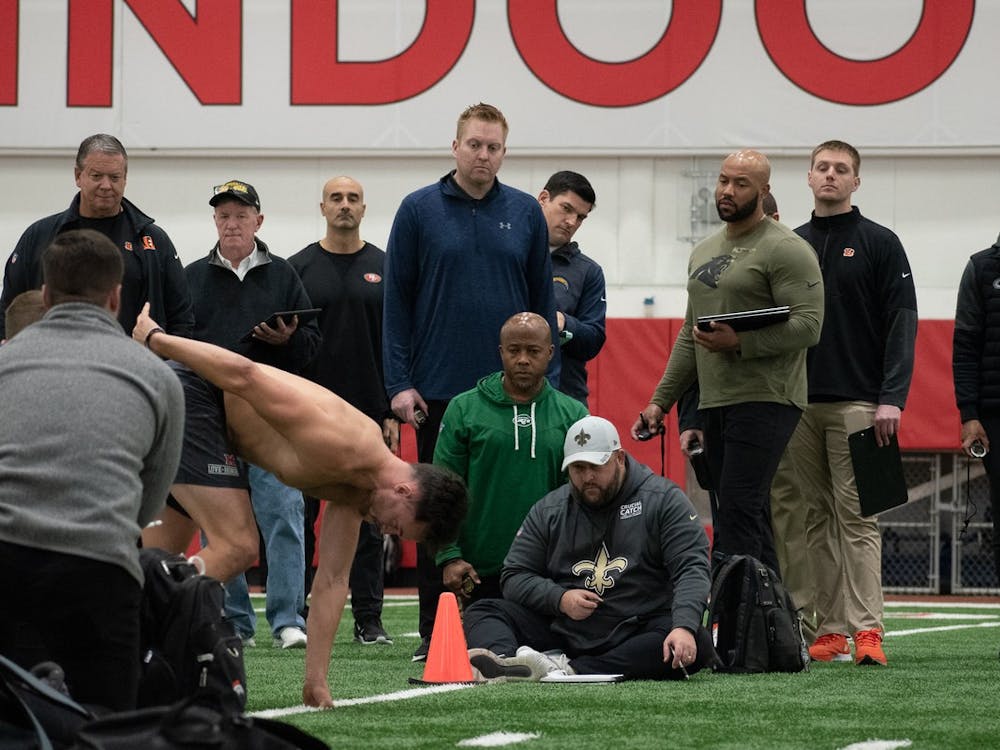 Wide receiver Jack Sorenson gets in a set position before the shuttle drill in Miami&#x27;s Pro Day Tuesday morning.