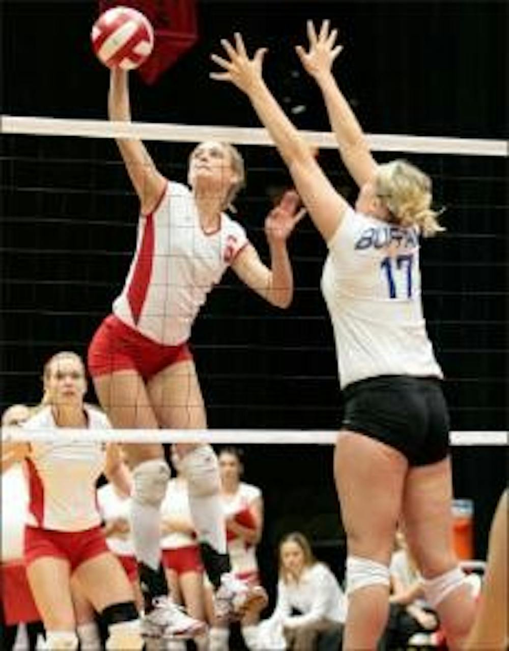 Freshman Cassie Farrell spikes a kill during Saturday's 3-0 sweep of Buffalo.
