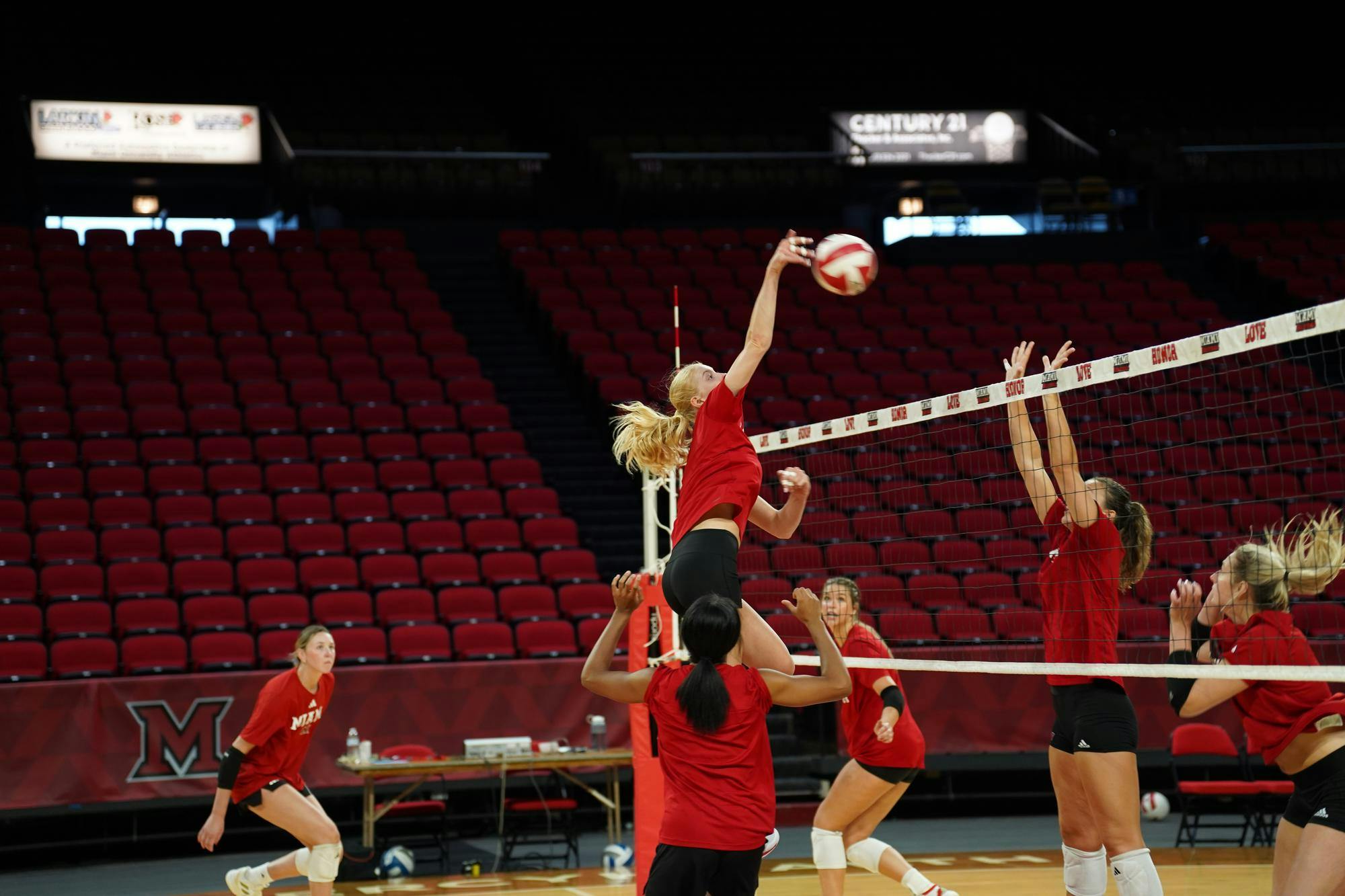 The Miami volleyball team practices at Millett Hall over the summer