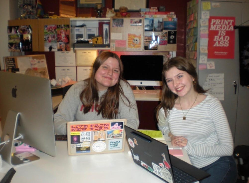 Culture Editor Stella Powers (left) works in The Miami Student Newsroom on production night alongside Assistant Culture Editor Ayla Peden. Photo provided by Stella Powers.