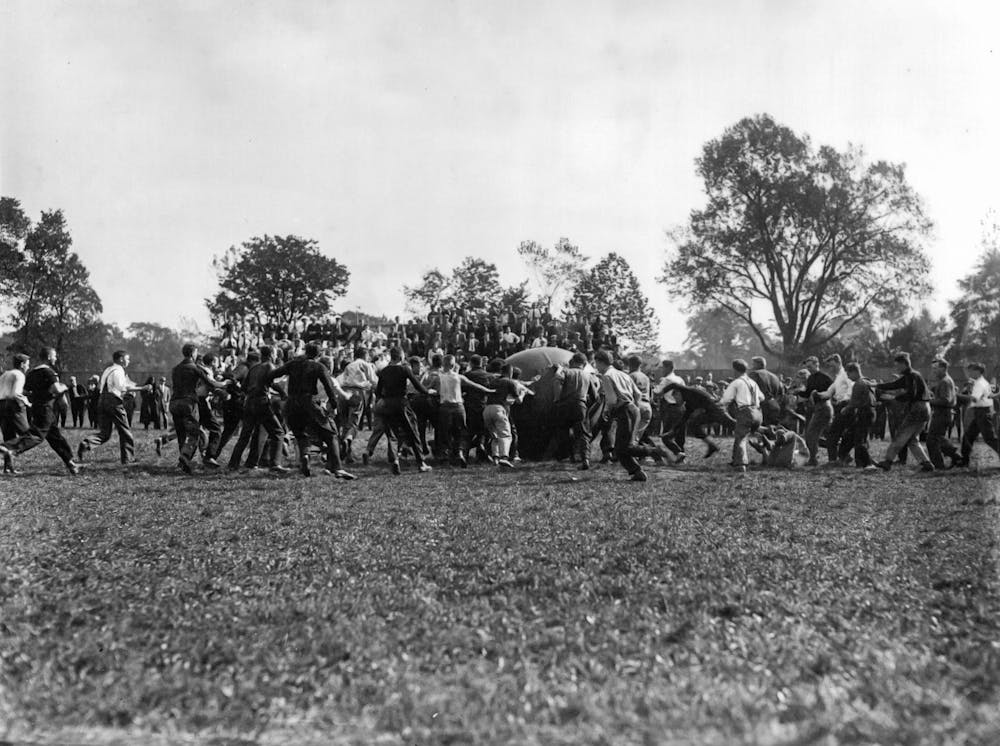Miami University freshman versus sophomore push ball competition circa 1910.
