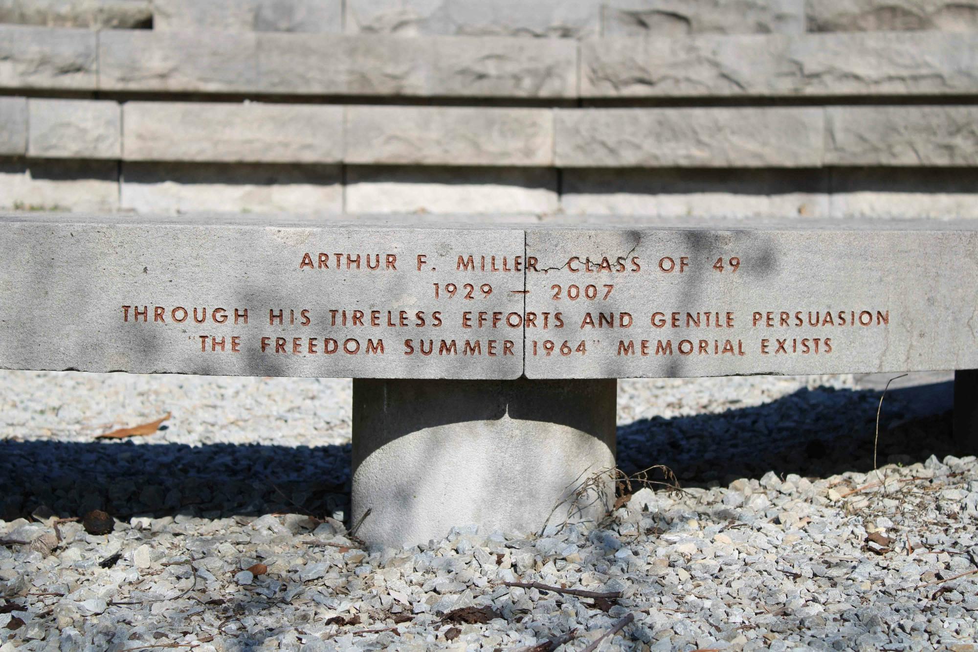 A memorial stands in honor of Arthur Miller, who led the Friends of Mississippi project, which supported the volunteers of Freedom Summer.