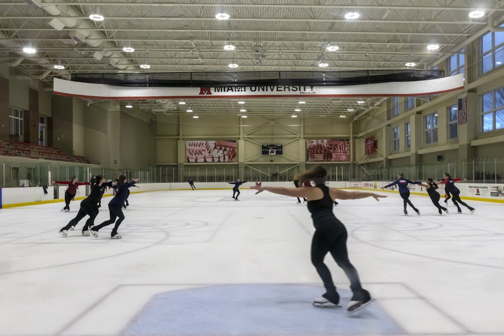 <p>Miami&#x27;s synchronized skating team practices a set at Goggin at an early morning practice a few weeks before the World Championship</p>